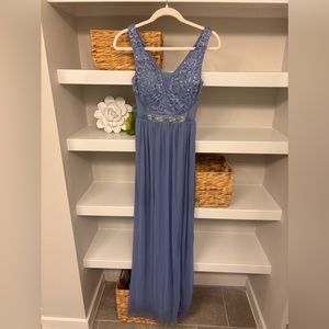 Floor length prom dress. Slit. Size 0. Periwinkle. Sequence top with mesh cutout